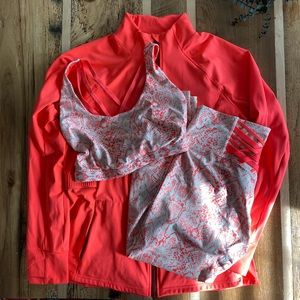 Fabletics LUXE Coral White Snake Print 3 Piece Set Sports Bra Jacket Pants L/XL